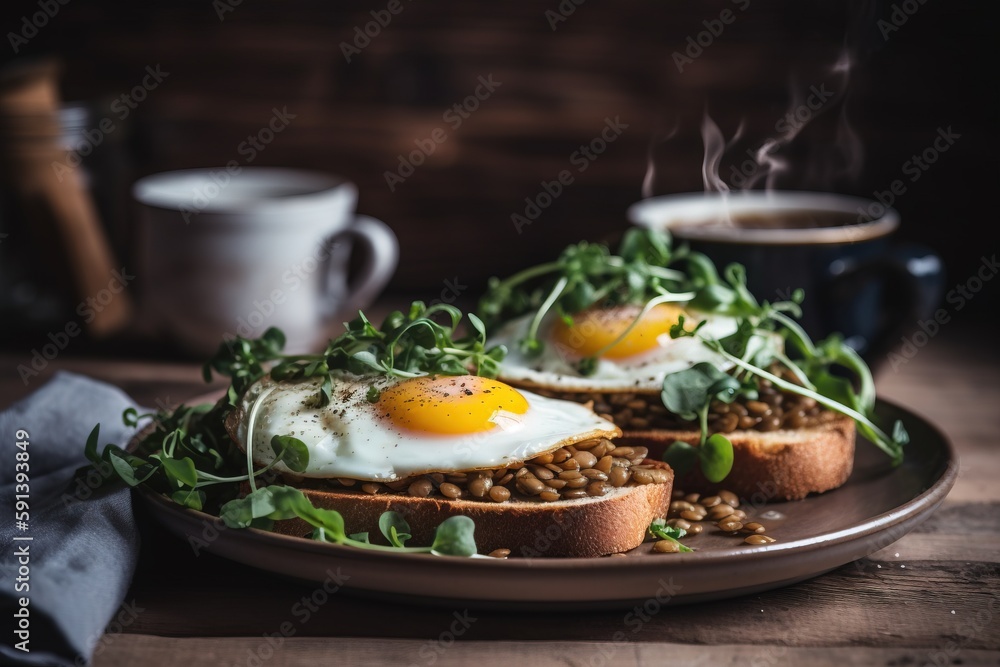 a plate of food with eggs and greens on it next to a cup of coffee and a mug of coffee on a table with a napkin. generative ai a plate of food with eggs and greens on it next to a cup of coffee and a mug of coffee on a table with a napkin. generative ai