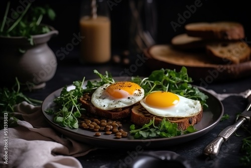  a plate of food with two eggs on top of bread and beans on the side with a spoon and a glass of milk in the background. generative ai