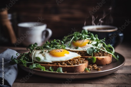  a plate of food with eggs and greens on it next to a cup of coffee and a mug of coffee on a table with a napkin. generative ai