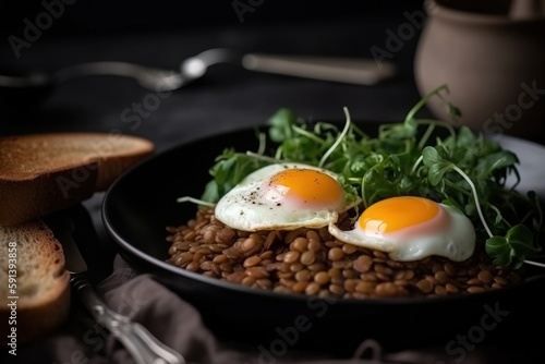  two eggs are on top of a bed of beans and greens on a black plate with a fork and knife next to it and a fork.  generative ai