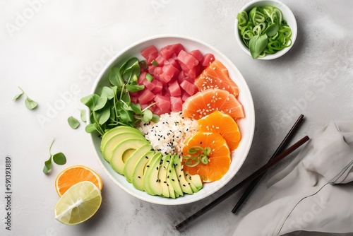  a white bowl filled with different types of fruits and vegetables next to chopsticks and a bowl of noodles and watermelon slices.  generative ai