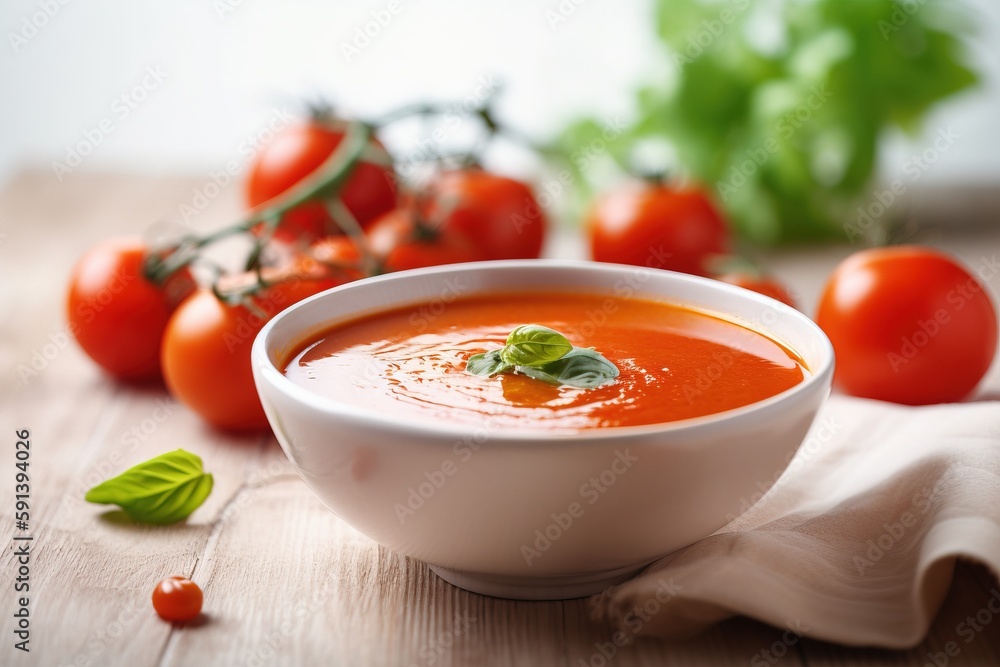 a bowl of tomato soup with tomatoes and basil in the background on a wooden table with a cloth and a cloth on the tablecloth. generative ai a bowl of tomato soup with tomatoes and basil in the background on a wooden table with a cloth and a cloth on the tablecloth. generative ai
