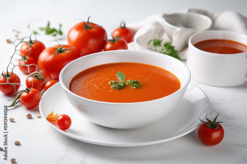 a bowl of tomato soup with a plate of tomatoes and a cup of soup on the side of the bowl and a napkin on the side. generative ai a bowl of tomato soup with a plate of tomatoes and a cup of soup on the side of the bowl and a napkin on the side. generative ai