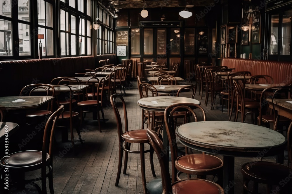  a restaurant filled with lots of wooden tables and chairs and a large window with lots of windows on it's sides and a wooden floor.  generative ai