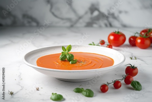  a bowl of tomato soup with tomatoes around it on a marble countertop with basil leaves and cherry tomatoes on the side of the bowl.  generative ai