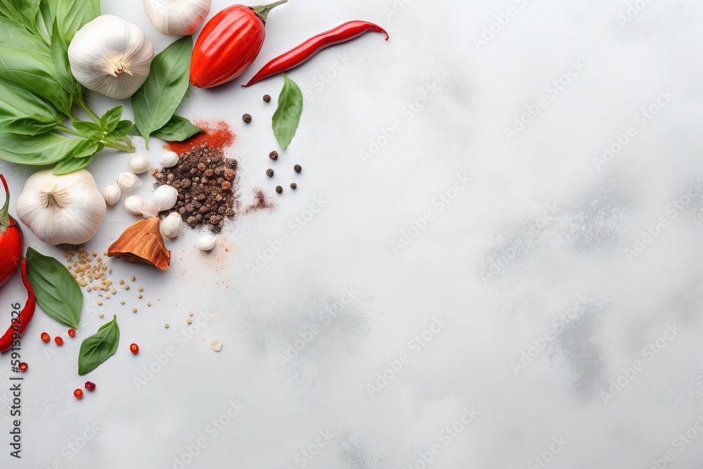  a table topped with lots of different types of vegetables and spices on top of a white table top next to a pile of pepper, garlic, basil, pepper, and pepper.  generative ai