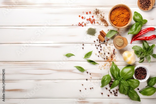  spices and herbs on a white wooden table top view with copy space in the middle of the image with copy space in the middle of the image. generative ai