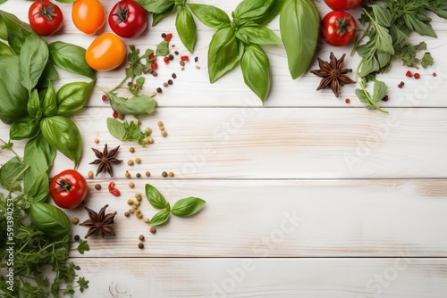  a variety of vegetables and spices on a white wooden table top view with copy space for text or image or image  with copy space for your own text.  generative ai