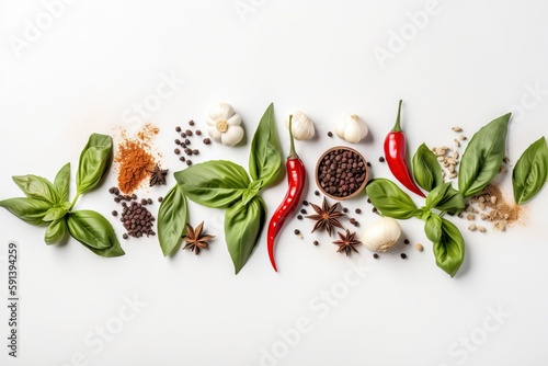  a group of spices and herbs on a white background with copy space for writing or writing on the top of the image is a pepper, basil, pepper, basil, garlic, pepper, pepper,. generative ai