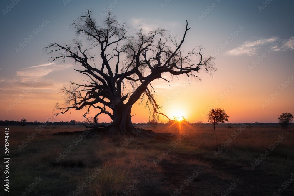  the sun is setting behind a tree in a field of dry grass with a dirt path in front of it and a field of grass and trees in the foreground.  generative ai