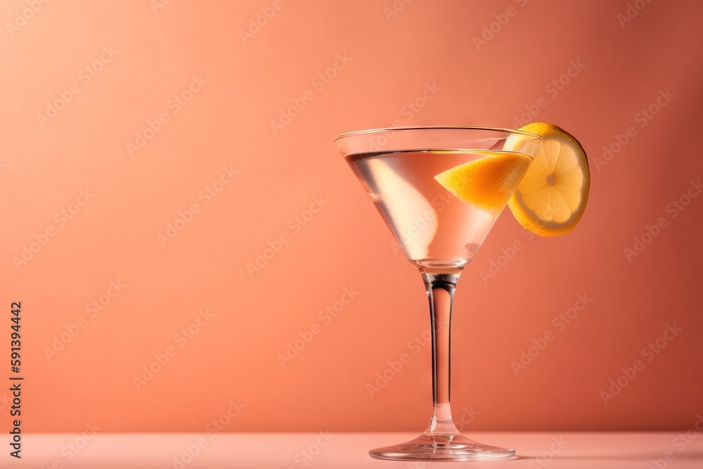 a glass filled with a drink with a lemon wedge on top of it and a slice of lemon on the rim of the glass and a pink background. generative ai a glass filled with a drink with a lemon wedge on top of it and a slice of lemon on the rim of the glass and a pink background. generative ai
