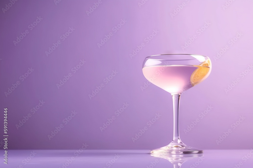  a wine glass filled with a drink on a purple surface with a reflection of the wine in the glass and a lemon slice in the glass.  generative ai