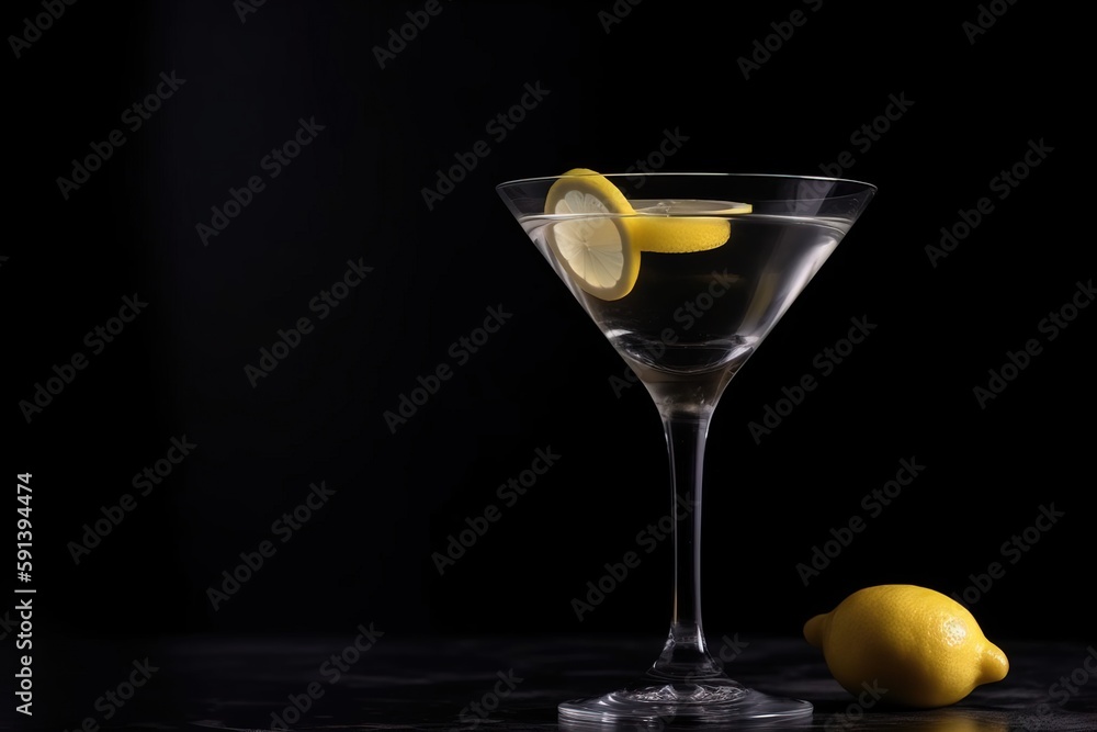  a martini glass with a lemon wedge and a lemon slice on the rim of the glass, on a black background with a black background.  generative ai