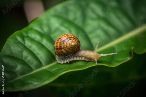  a snail crawling on a green leaf in the sun on a sunny day in a tropical setting, with a dark background and a soft focus on the snail's shell. generative ai