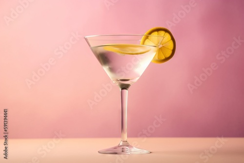  a martini glass with a lemon slice on the rim and a pink background with a light pink background and a light pink wall behind it.  generative ai