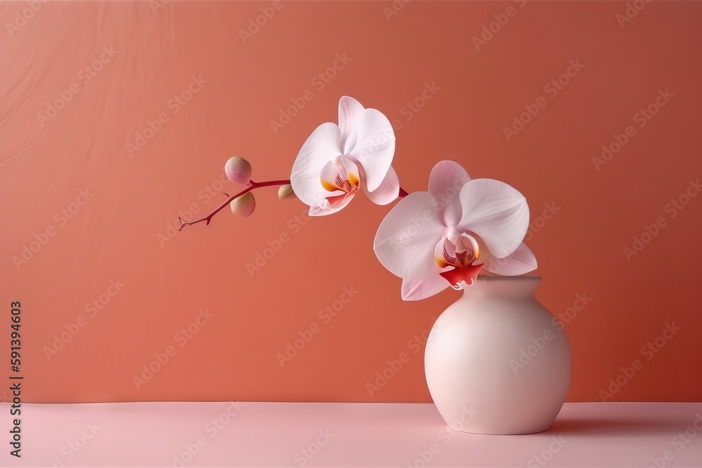 a white vase with a pink flower on a pink tableclothed surface with a pink wall in the background and a white vase with two pink flowers in the foreground. generative ai a white vase with a pink flower on a pink tableclothed surface with a pink wall in the background and a white vase with two pink flowers in the foreground. generative ai