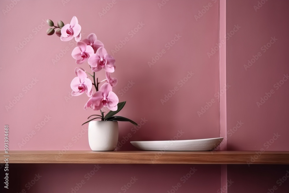  a white vase with pink flowers on a shelf next to a plate on a pink wall with a pink wall in the background and a bowl on the shelf.  generative ai