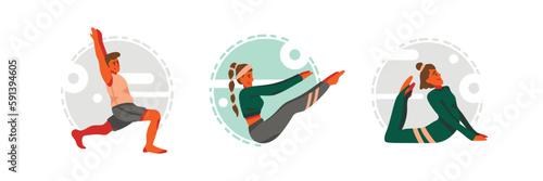 Set of cartoon characters of young people practicing yoga. Morning workout in gym. Physical and spiritual practice. Reducing level of stress doing sports. Vector