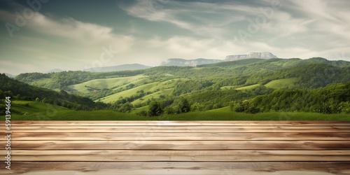 Wood table mockup with vibrant green hills on background. Empty copy space for product presentation. Generative AI © AngrySun
