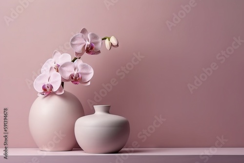  two white vases with pink flowers in them on a shelf against a pink wall with a light pink background behind them and a white vase with pink flowers in the middle. generative ai
