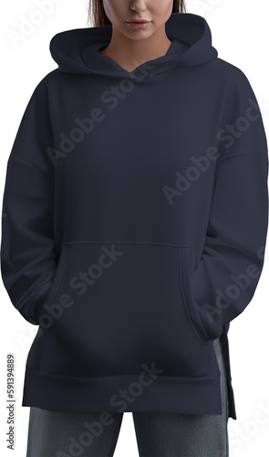 Mockup of blue hoodies on a girl, png, sweatshirt front view © olegphotor