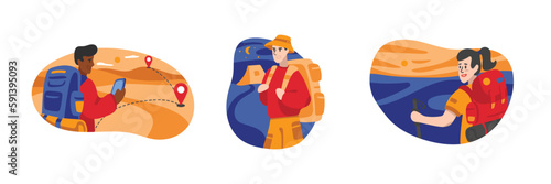 Set of cartoon characters discovering new places during travel. Group of people on summer vacation trip. Travel agency tour. Adventure tourists and travelers. Vector