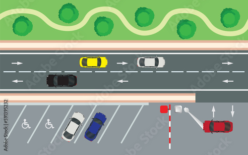 Top view large car Parking in a highway, city with trees, license plate recognition, and boom barrier. Outdoor car parking zone. Urban transport, traffic concept. Vector illustration.
