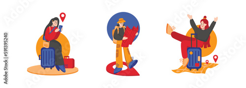 Set of colored cartoon characters of women preparing for traveling abroad. Summer vacation trip. Travel agency tour. Discovering new places. Adventure tourists and travelers. Vector