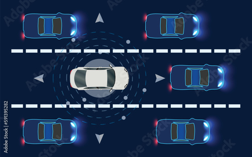Autonomous car driving on road and sensing systems, driverless cars, and self-driving vehicles. Road in the city with autonomous Driverless cars. Vector. photo