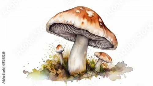 Beautifully Detailed Watercolor Illustration of a Mushroom. AI Generated