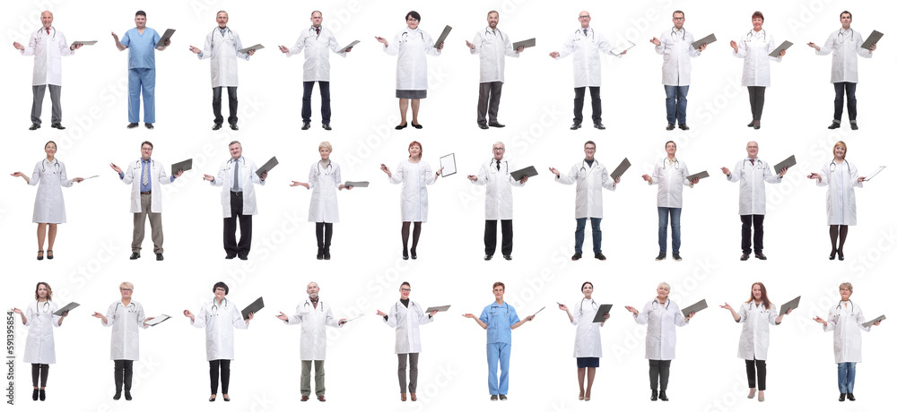 full length group of doctors with notepad isolated