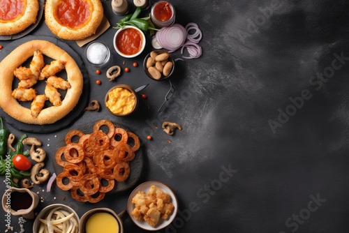  a table topped with pizzas and other foods on top of a black tablecloth covered in sauces and condiments and condiments. generative ai © Shanti