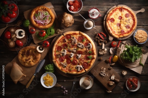  a table topped with pizzas and other foods on top of a wooden table next to bowls of vegetables and a knife and a bowl of pasta. generative ai
