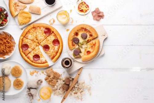 a table topped with two pizzas covered in toppings and a cutting board with a pizza on top of it next to other food. generative ai