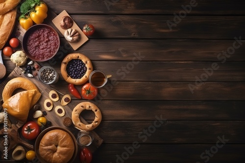  a table topped with bread and other foods on top of a wooden table next to a plate of fruit and a bowl of dips. generative ai
