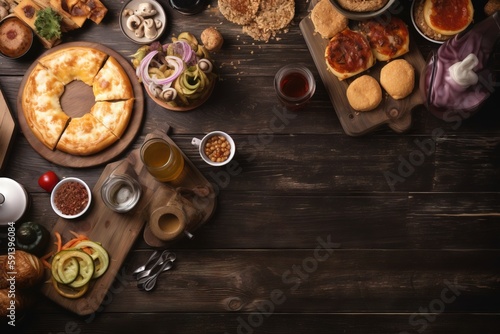  a table topped with lots of different types of food and drinks next to a cutting board with a pizza on top of it next to other foods. generative ai