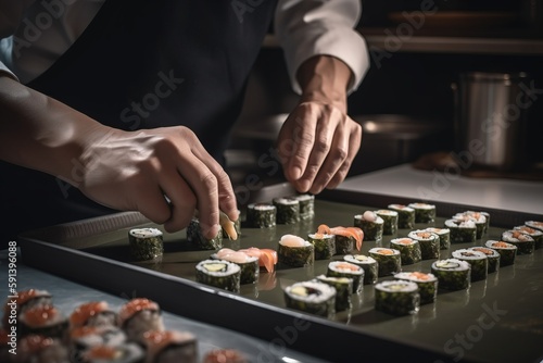  a person is putting sushi on a tray in a kitchen with other sushi on the table and on the tray is another sushi on the table. generative ai