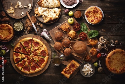  a table topped with pizza and other foods on top of a wooden table next to plates of food and utensils and a knife. generative ai