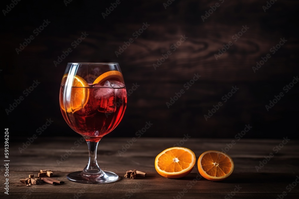 a glass of wine with an orange slice and cinnamons on a table next to a glass of wine with an orange slice and cinnamon on a dark background. generative ai a glass of wine with an orange slice and cinnamons on a table next to a glass of wine with an orange slice and cinnamon on a dark background. generative ai