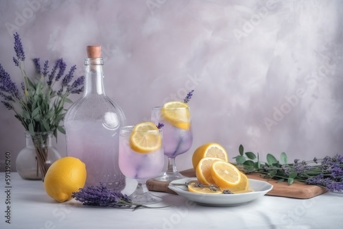  a table topped with a bowl of lemons and a bottle of wine next to a bowl of lemons and a plate of lavenders.  generative ai