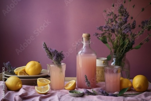  a table topped with bottles of liquid and lemons next to a plate of lemons and lavenders on a table cloth covered with a cloth.  generative ai