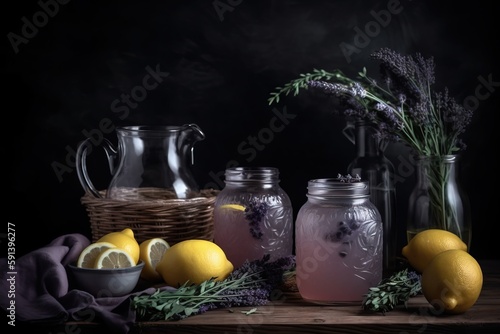  a table topped with jars filled with lemons and lavenders next to a bowl of lemons and a basket of lavender and lavender.  generative ai