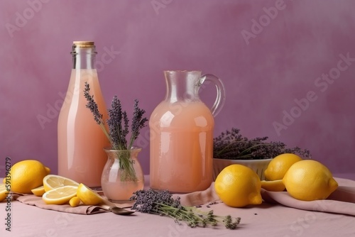  a table topped with lemons and a pitcher of lemonade next to a plate of lemons and a bowl of lavender and lavender.  generative ai