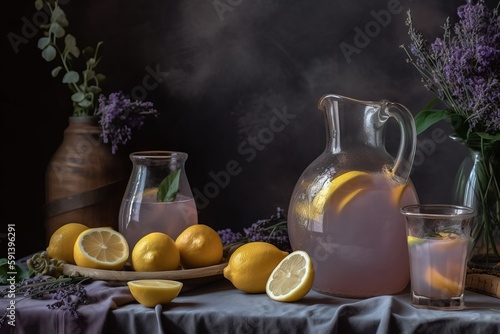  a table topped with a pitcher of lemonade next to a plate of lemons and a pitcher of water and a plate of lemons.  generative ai