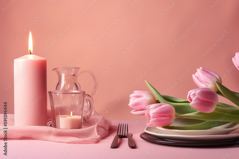  a pink table setting with a candle, plate, and flowers on a pink table cloth with a pink background and a glass vase with pink tulips.  generative ai