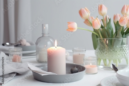  a white table with a vase of flowers and a lit candle on top of a plate with a fork and spoon on it and a glass vase with flowers in the background. generative ai