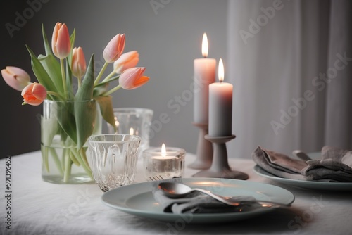  a table with a vase of tulips and a plate with a knife and fork on it and a candle in the middle of the table. generative ai