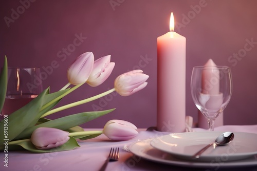  a table with a candle and a plate with a flower on it and a glass of wine on the side of the table and a plate with a fork and a candle on the table. generative ai