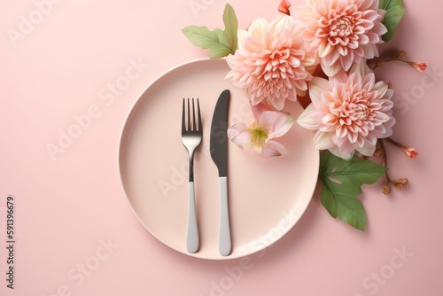  a plate with a fork and knife on it next to a pink flower arrangement on a pink background with leaves and flowers on the plate.  generative ai