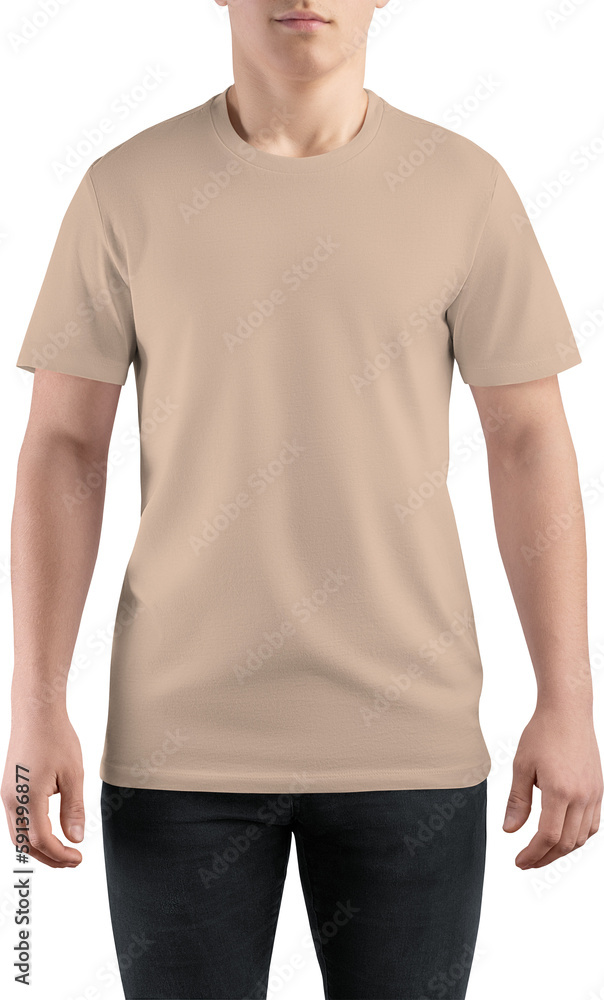 Mockup nude, tan canvas bella t-shirt on guy, png, front view